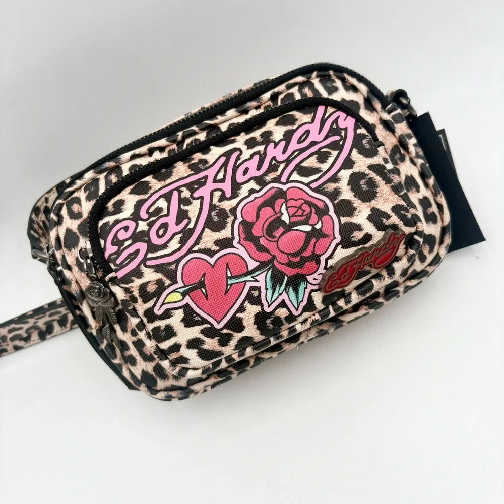 Ed Hardy Leopard Cheetah Print Heart Rose Graphic Crossbody Bag Multi Pocket Zip
